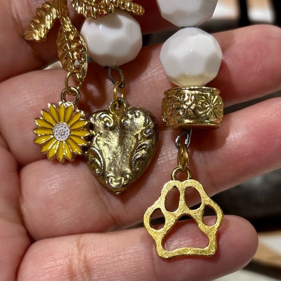 Charming White and Gold Beaded bag backpack charm with Purple Accent - Picture 3 of 7